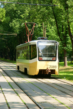 Tram on the green city street