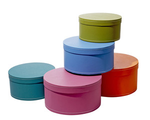 five colorful storage boxes stacked containers