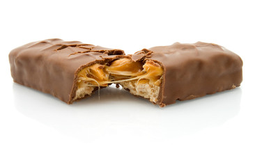 Chocolate bar isolated on white with caramel