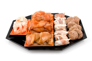 Plate with fresh meat fot Gourmet on white background