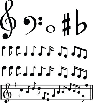 black and white music note selection icon set