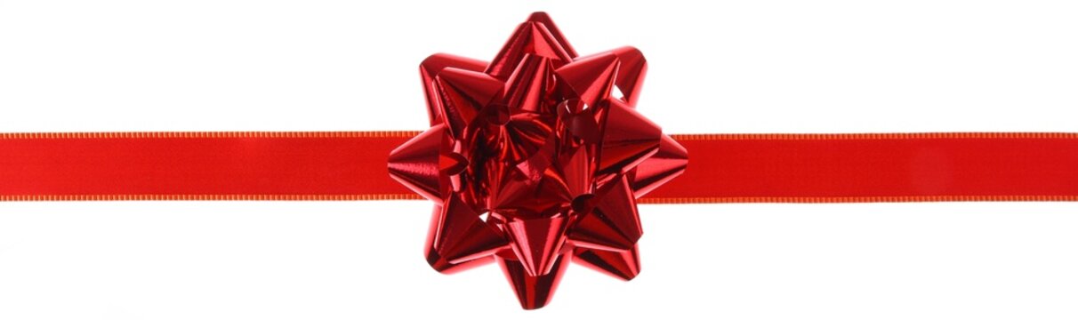 Red gift ribbon and bow on a white background