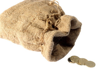 Fototapeta na wymiar Empty sack, last change, coins on a white background