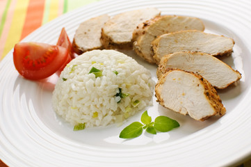 Roasted chicken  meat with white rice and vegetables