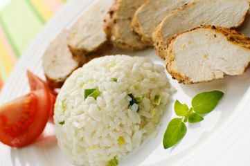 Roasted chicken  meat with white rice and vegetables