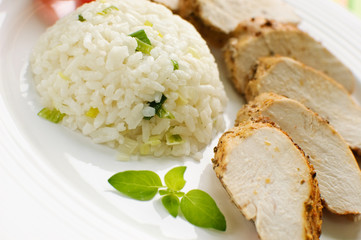 Roasted chicken  meat with white rice and vegetables