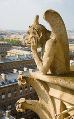 Fototapeta na wymiar Zbliżenie gargulec na szczycie Notre-Dame de Paris