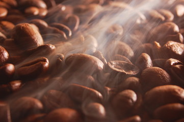 coffee beans with steam - obrazy, fototapety, plakaty