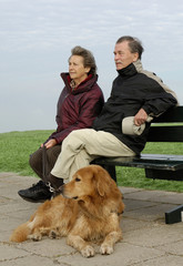 Senioren auf Parkbank mit Hund
