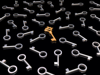 Keys, one golden among metal ones on black.