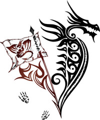 Drache, dragon, mit Lanze, Fahne