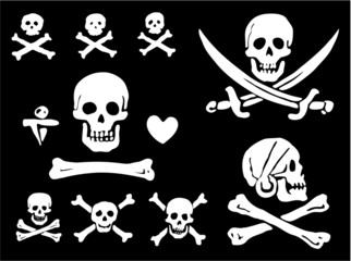 A set of pirate flags, skulls and bones