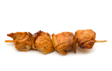 grilled pork kebabs on white background