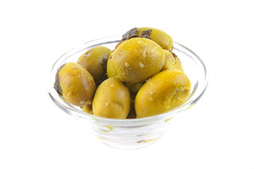 gold olives over white