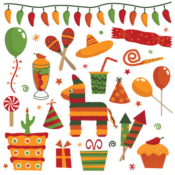 Mexican party decoration clipart vector sombrero pinata cakes gifts chili peppers isolated on white