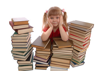 The girl in an environment of books on a white background