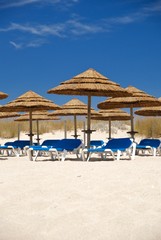 An area of straw sunshading umbrellas with beach chairs.