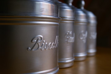 sugar bowl, salt, coffee and biscuits tin