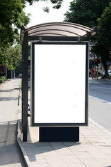 Black banner on a bus shelter. - obrazy, fototapety, plakaty