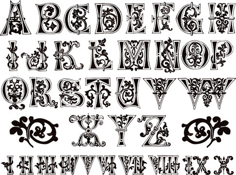 11th century engraved ornamental alphabet and numerals