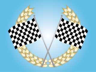 Two chequered flags and a laerel wreath