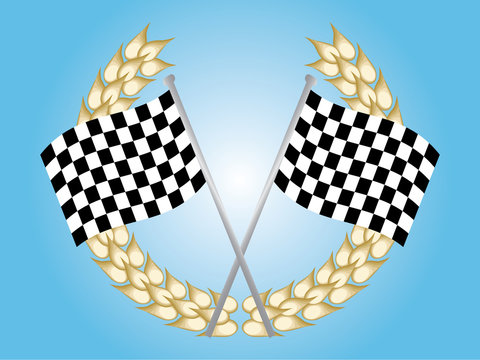Two chequered flags and a laerel wreath