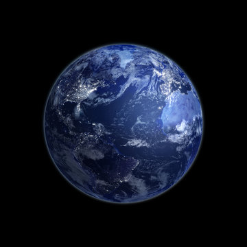 Night view of Earth with lights glowing in urban areas.