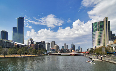 Wide shot of the Melbourne city across Yarra River.