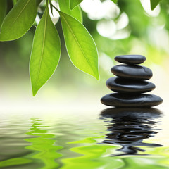 Zen stones pyramid on water surface, green leaves over it - obrazy, fototapety, plakaty
