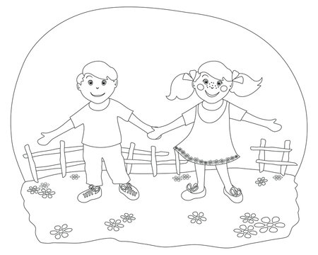 Coppia di ragazzini - Immagine in bianco e nero da colorare