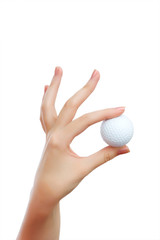 Hand holding golf ball isolated on the white