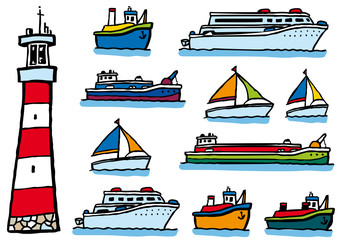 Lot de dessins de bateaux et d'un phare
