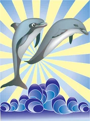 Muurstickers Twee dolfijnen springen uit het water © silvio_v