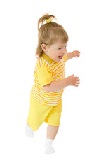 Running girl in yellow shirt and pants