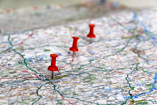 Push Pins On A Road Map Stock Photo - Download Image Now - Road