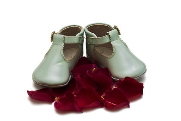 Zapatitos verdes sobre pétalos de rosa.