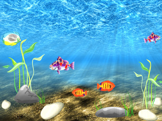 Monde sous-marin avec des poissons multicolores naviguant entre les algues
