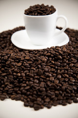 Cup with beans coffee on white