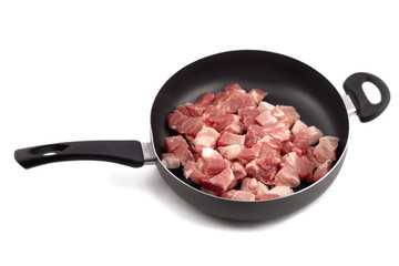 meat raw in frying pan