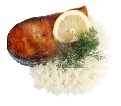 fry fish with rice on a white background. (Mugil soiuy)