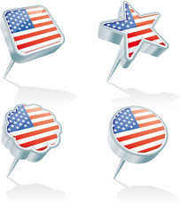 Four metal 3D pins in various shapes with the USA flag inside