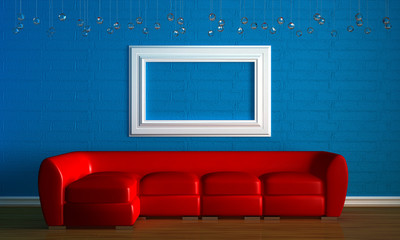 Red couch with empty frame in blue minimalist interior