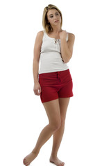 Female model standing on white background