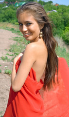 smiling girl in red dress