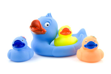 Colorful rubber ducks on white