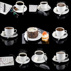 Collage of various coffe cups on black background.