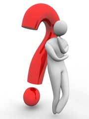 3D man wondering in front of an question mark