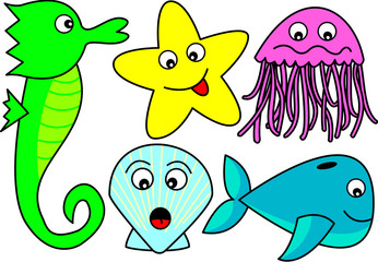 Multicolored cartoon sea creatures
