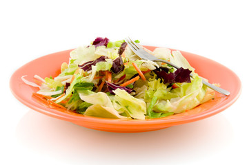 Fresh lettuce on orange pan isolated on white background