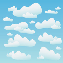 A blue sky full of fluffy cartoon clouds.